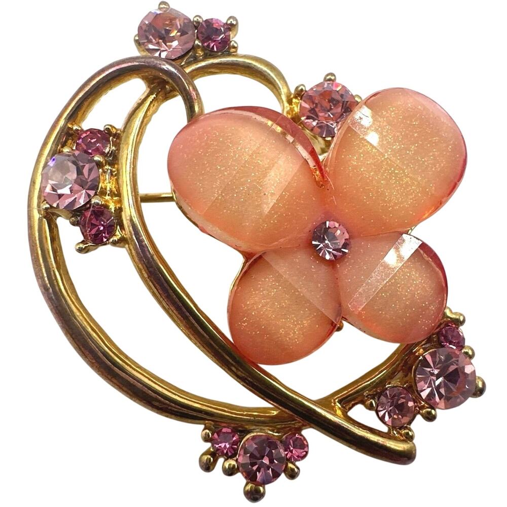 gold-tone brooch w/pink & orange enamel & rhinestone details heart &flower shape